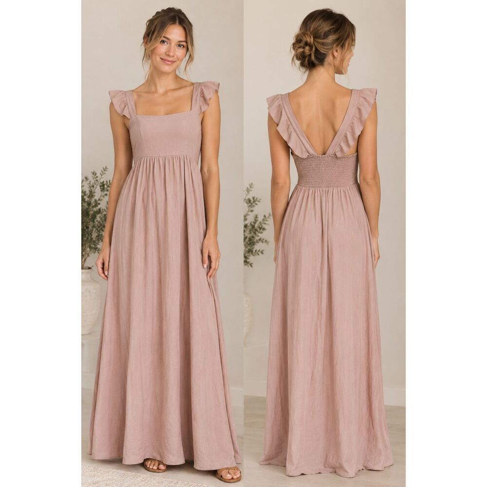Show me Your Mumu June Maxi Dress Soft Beige Chiffon Bridesmaid Wedding Medium